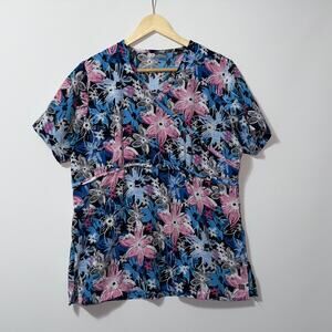 Remedy floral pink and blue short sleeve scrub top women’s size medium